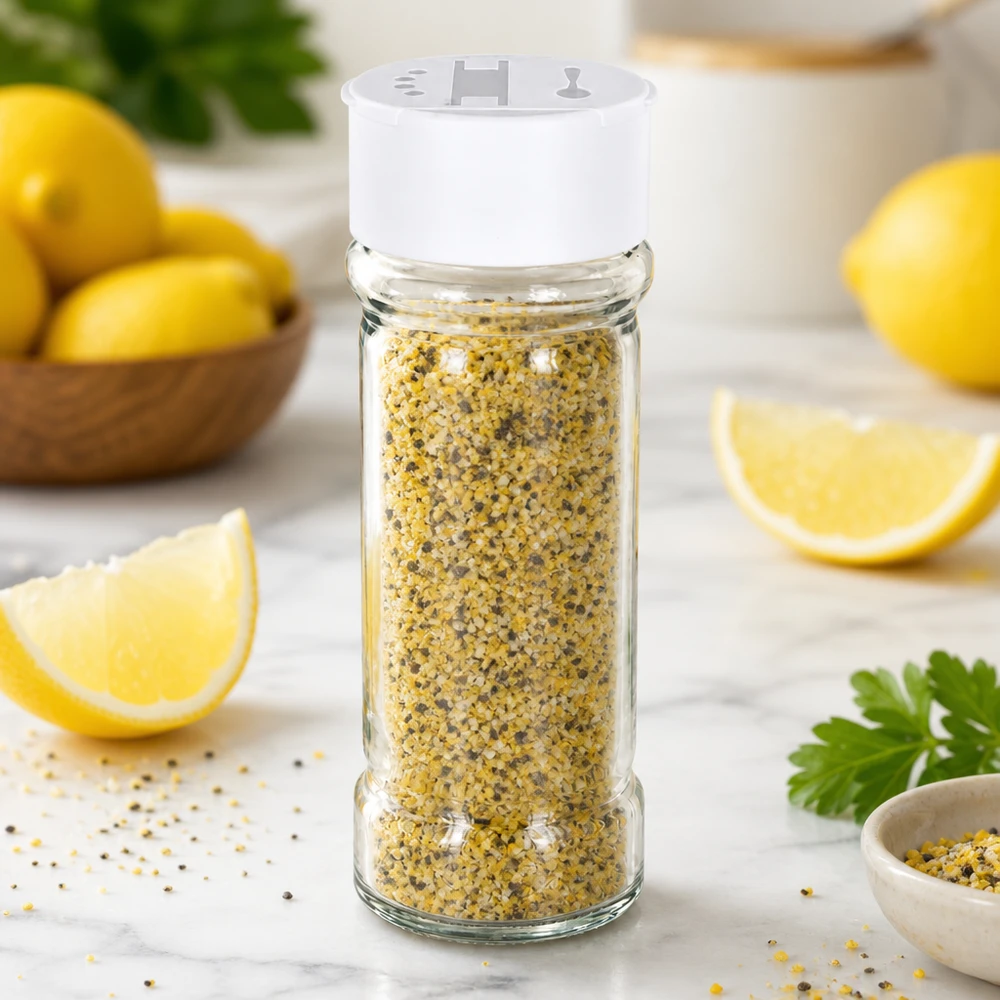 Frasco para sal/especiarias de 100 ml com espalhador duplo, branco Frasco de especiarias de 100 ml com um espalhador duplo branco, cheio de pimenta com limão, ao lado de limões frescos
