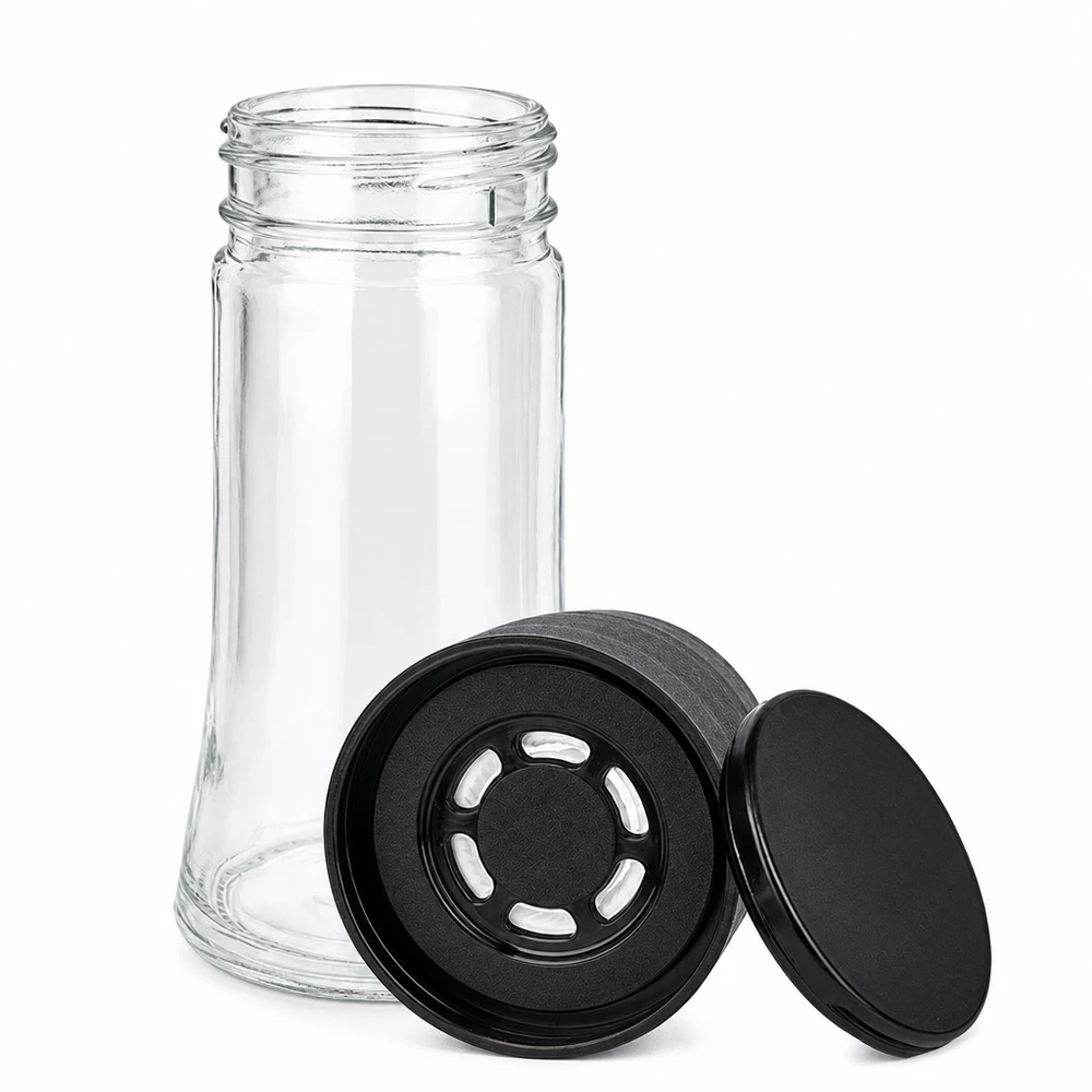 Frasco transparente para especiarias de 95 ml com moinho de sal preto de grão grosso, em vidro e plástico