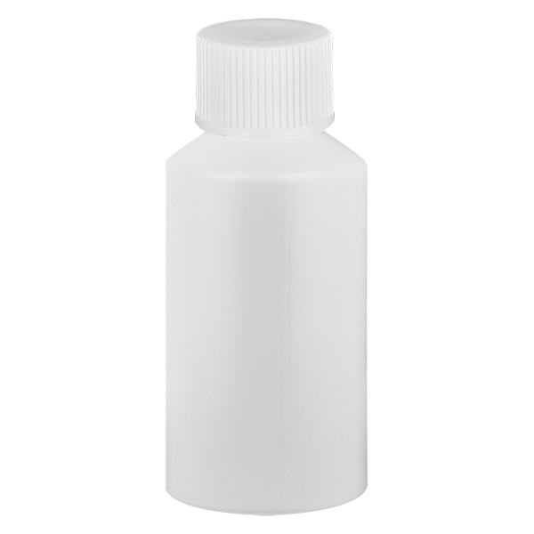 Frasco de farmácia HDPE 50ml branco, com tampa de rosca branca