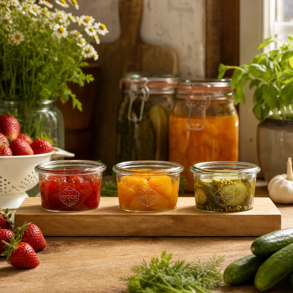 Tábua de servir Plano3 com 3 copos Weck de 80 ml Copos Weck de 80 ml com compotas e pickles coloridos numa tábua de servir de madeira numa cozinha rústica