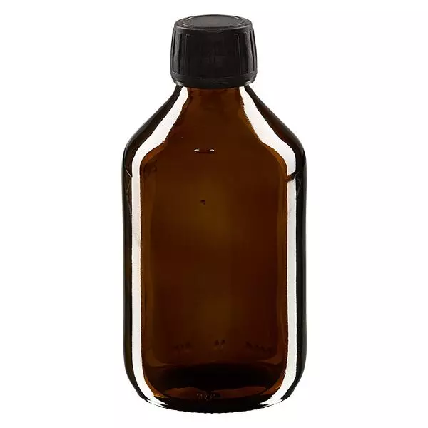 Frasco de medicamento de 250ml castanho, tampa preta com anel inviolável ApoGlas Frasco de medicamento de 250ml castanho, tampa preta com anel inviolável ApoGlas
