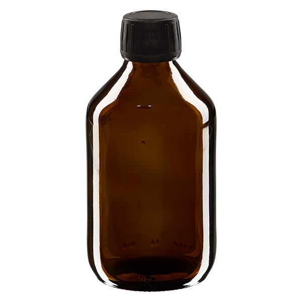 Frasco de medicamento de 250ml castanho, tampa preta com anel inviolável ApoGlas