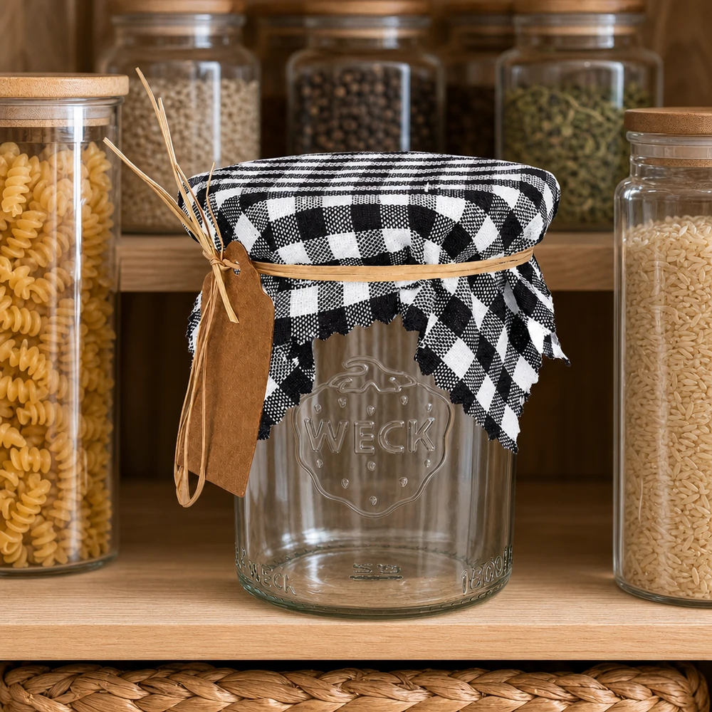 Guardanapo decorativo axadrezado preto e branco de 12 cm em frasco de arrumação entre recipientes de massa, decoração de cozinha estilo campestre