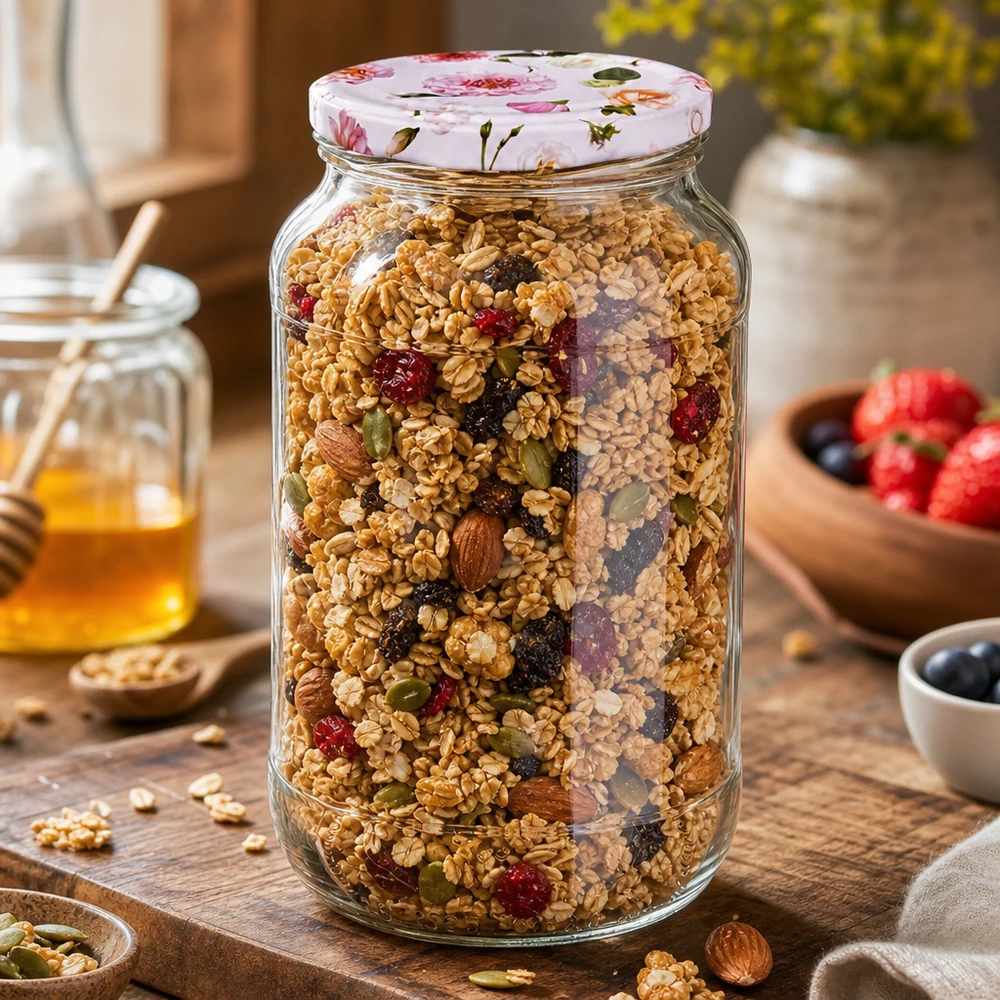 Frasco de arrumação 1062ml cheio de muesli tampa floral cor-de-rosa BasicSeal perfeito para alimentos secos Decoração de cozinha