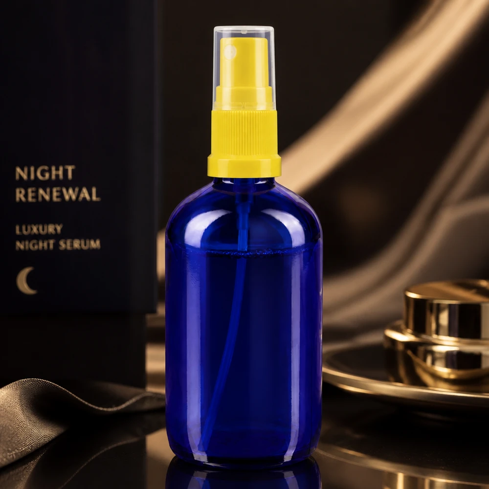 Frasco de farmácia azul 100ml spray top amarelo Frasco de vidro de farmácia azul de 100 ml com pulverizador amarelo para séruns e produtos cosméticos