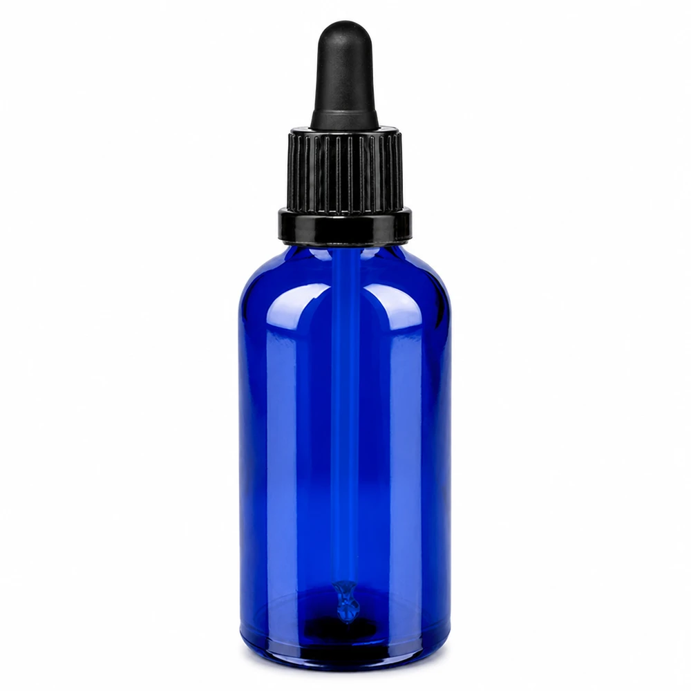 Frasco pipeta de 50 ml preto com fecho inviolável BlueLine UT18/50 Frasco de pipeta de 50 ml preto OV BlueLine UT18/50 - frasco de vidro azul com tampa de pipeta preta