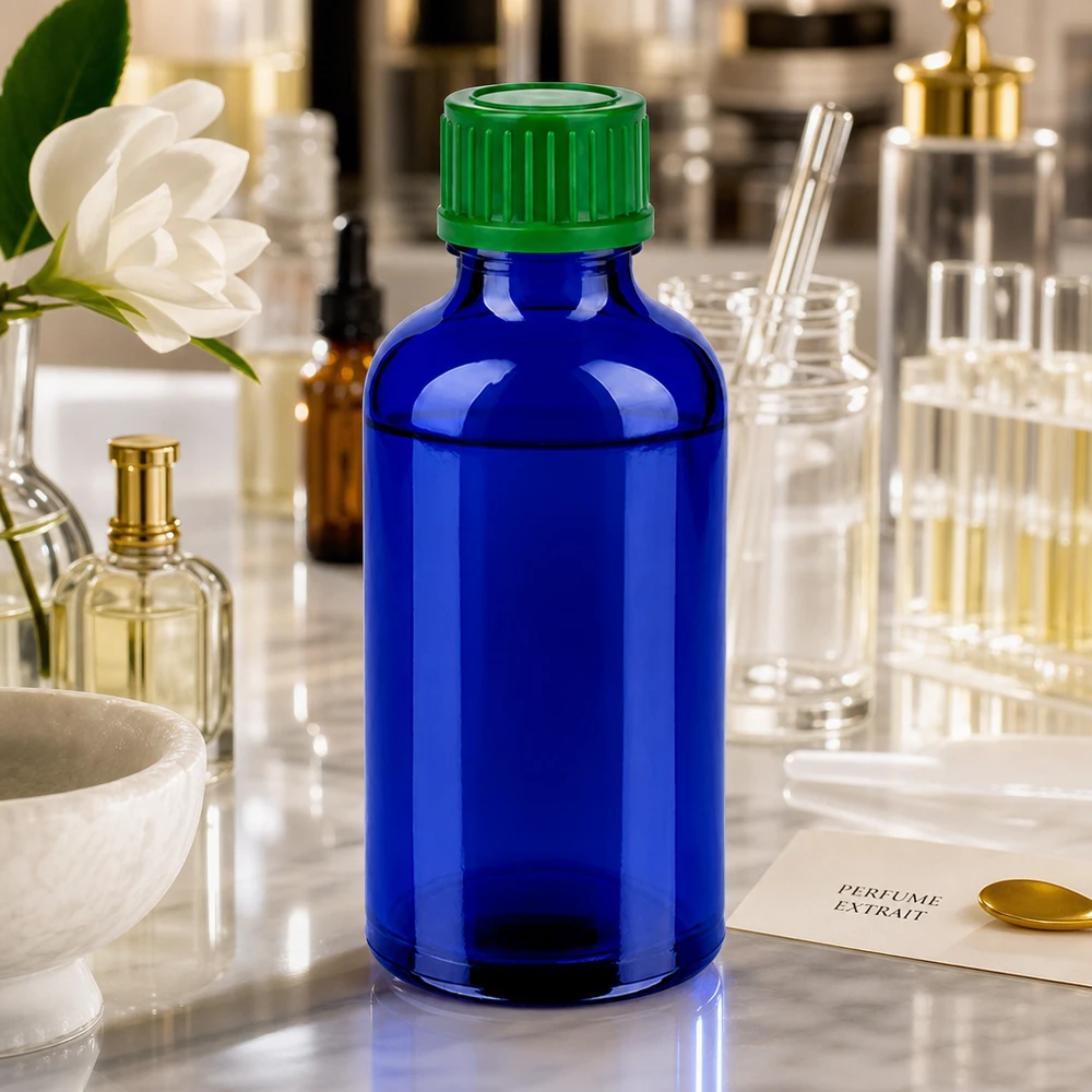 Frasco de vidro azul de 50 ml com tampa de rosca de 11 mm para dosagem precisa de essências e tinturas