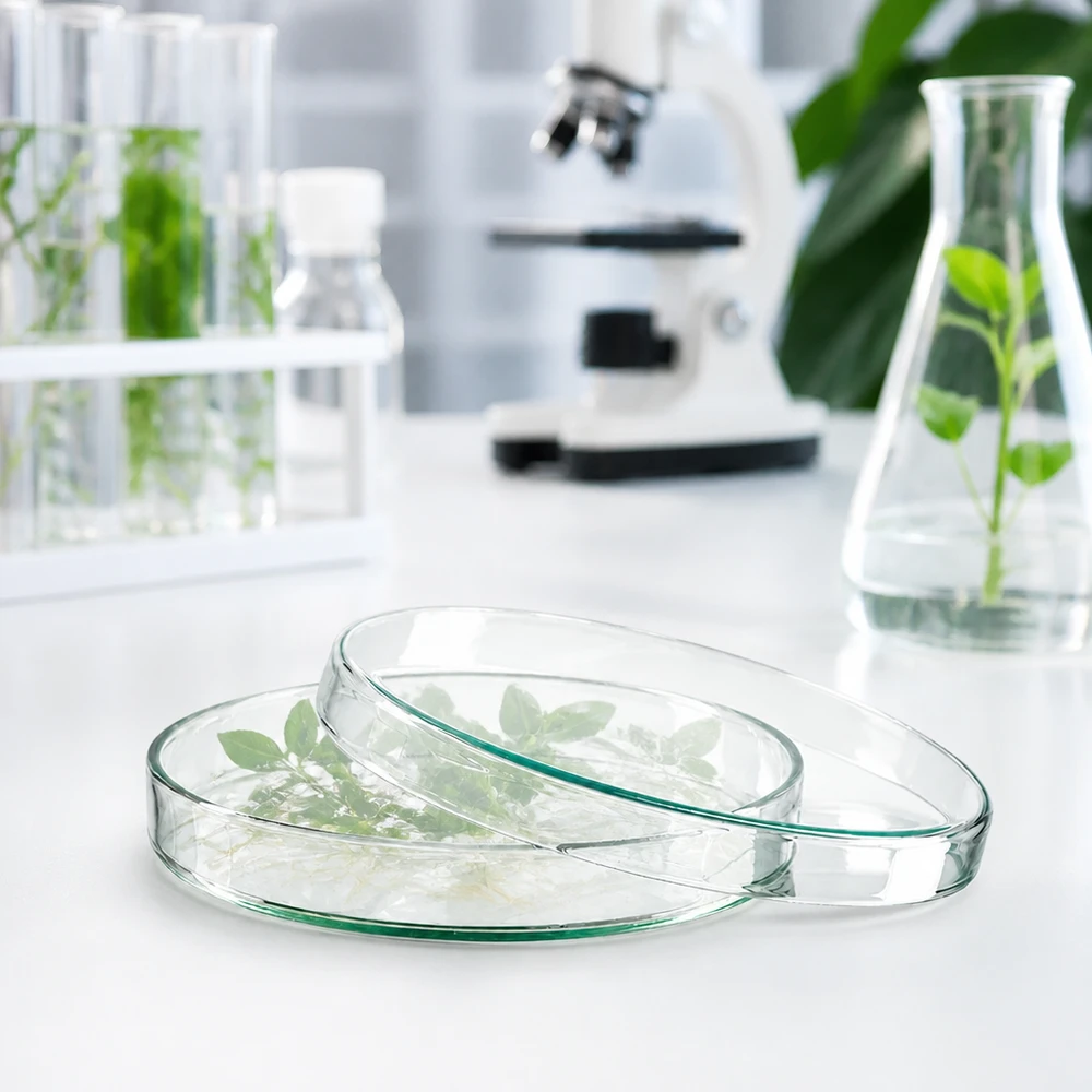 Placas de Petri de vidro transparente, 120 x 20 mm, com rebentos verdes de plantas sobre uma mesa de laboratório branca