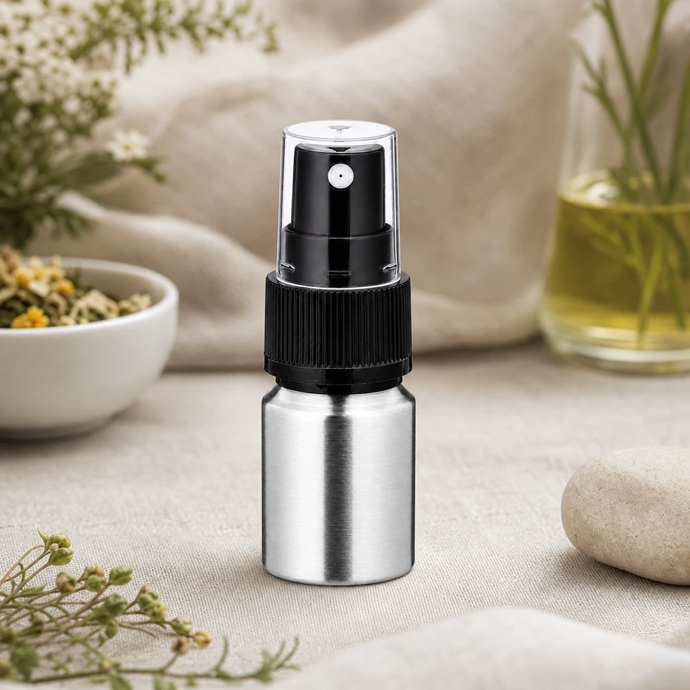 Frasco robusto de alumínio de 10 ml com atomizador - embalagem metálica resistente para uma proteção duradoura