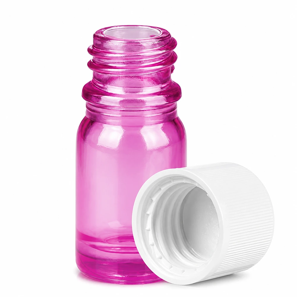 Frasco pequeno de vidro violeta de 5 ml com rosca e tampa branca para óleos essenciais