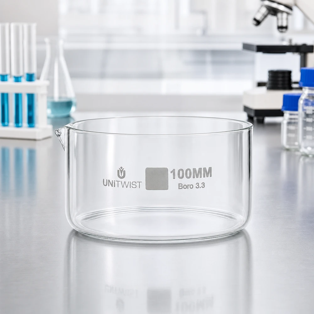 Bandeja de cristalização UNiTWIST de 100 mm em vidro borossilicato num laboratório com microscópio e tubos de ensaio