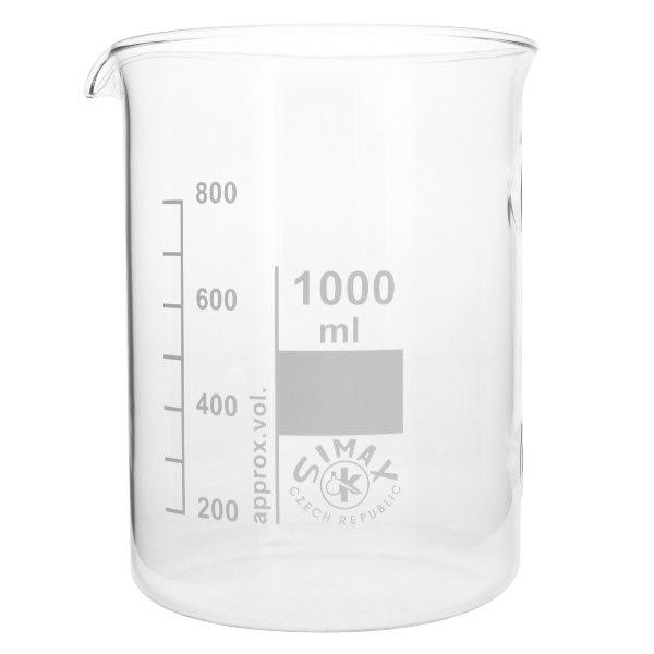 Copo 1000 ml de vidro borossilicato, forma baixa Copo de 1000 ml em vidro borossilicato de alta qualidade com marcações de medição precisas para utilização em laboratório