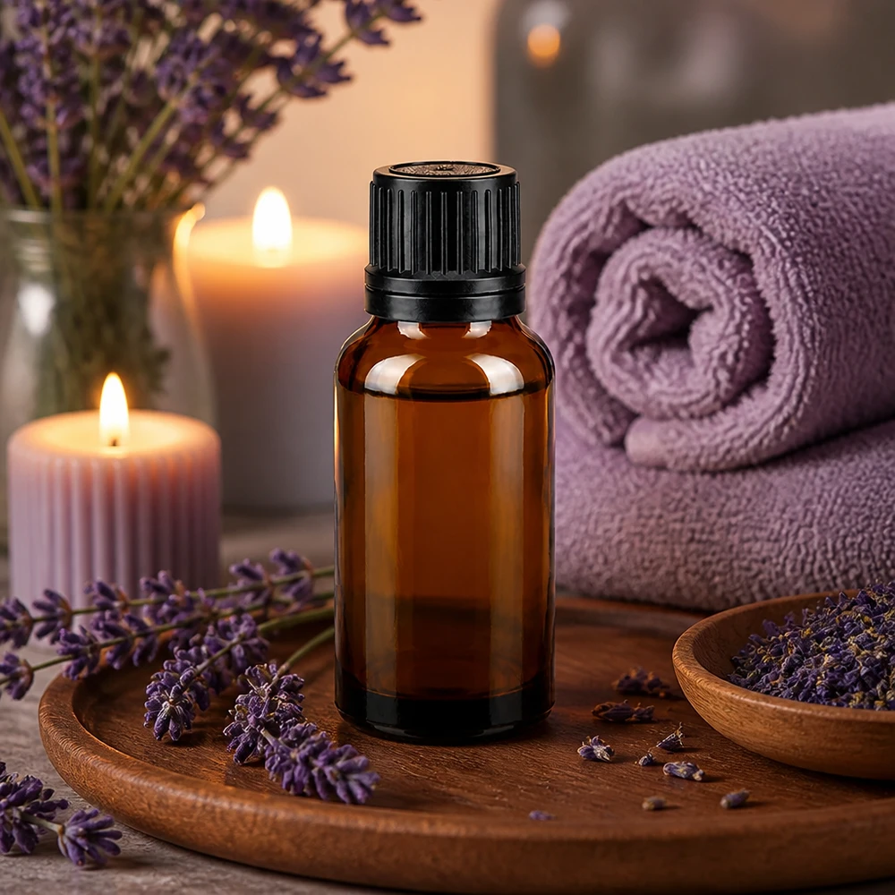 Frasco de vidro castanho de 20 ml com tampa OV preta, rodeado por flores de lavanda e velas