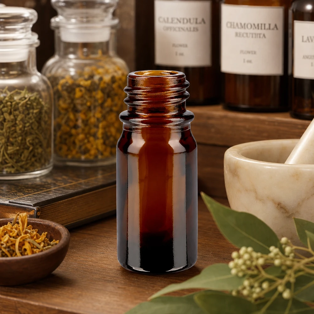 Frasco conta-gotas de 5 ml DIN 18 em vidro âmbar Frasco de farmácia castanho ApoGlas de 5 ml com frascos de ervas e almofariz para remédios naturais e tinturas