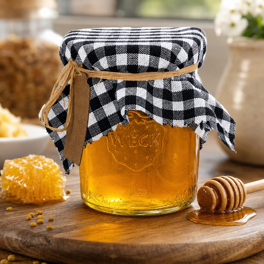 Pão de mel com uma tampa decorativa axadrezada num frasco e favo de mel numa tábua de madeira decoração rústica de cozinha