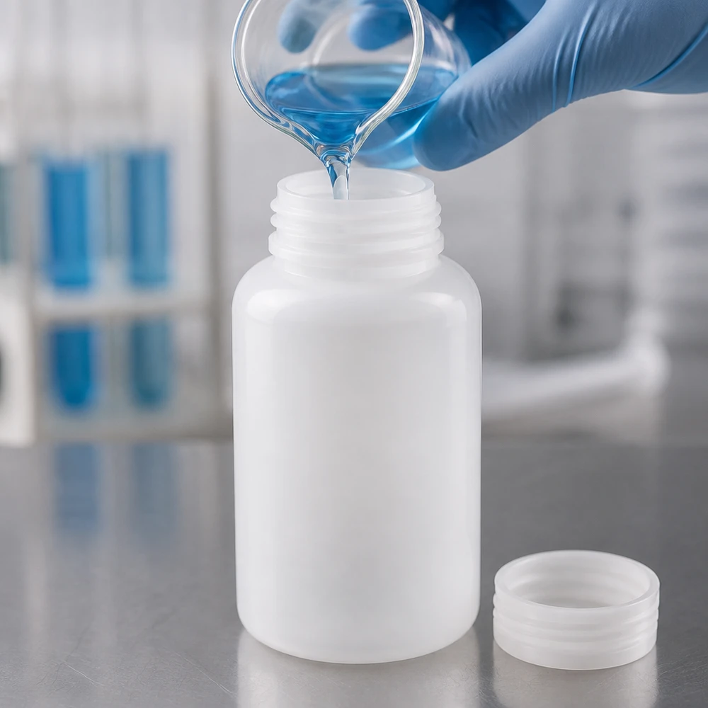 Frasco de laboratório de 500 ml com gargalo largo e sem tampa O líquido azul é vertido de um copo de béquer para um frasco de laboratório de plástico de gargalo largo com 500 ml