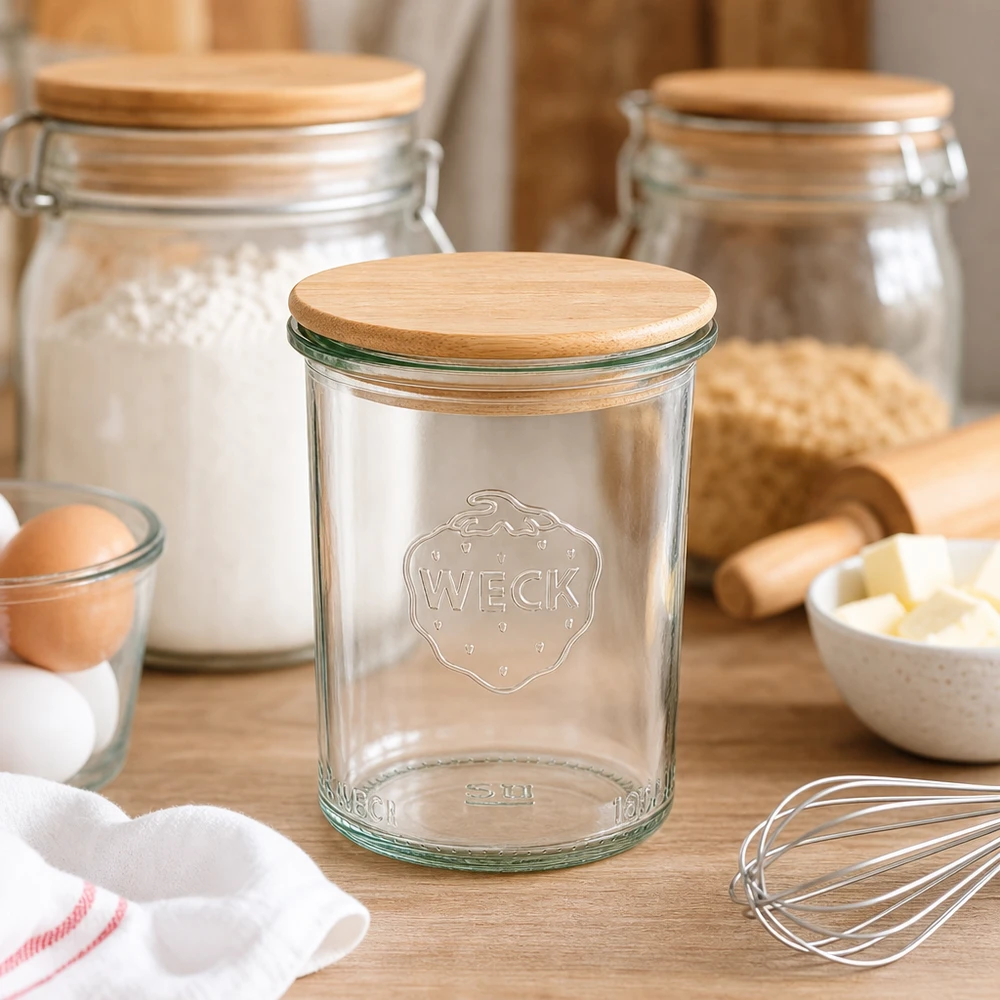 Copos de vidro WECK RR60 de 160ml com tampa de madeira Frasco de vidro WECK 160ml RR60 com tampa de madeira numa cozinha rústica entre ingredientes de pastelaria e utensílios de cozinha