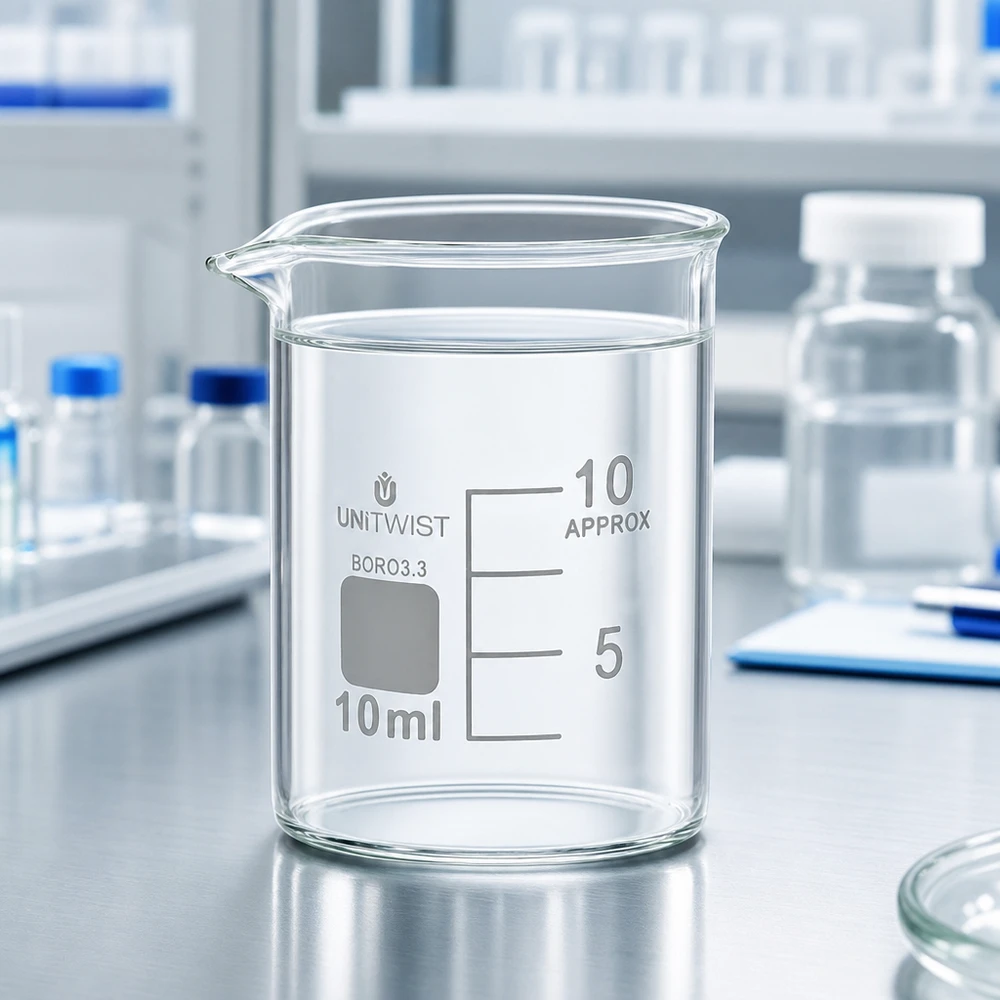 Copo de 10 ml de borosilicato, baixo molde UNiTWIST Copo de vidro UNiTWIST de 10 ml, de formato baixo, com bico vertedor e escala graduada sobre uma superfície de aço inoxidável, para uso em laboratório