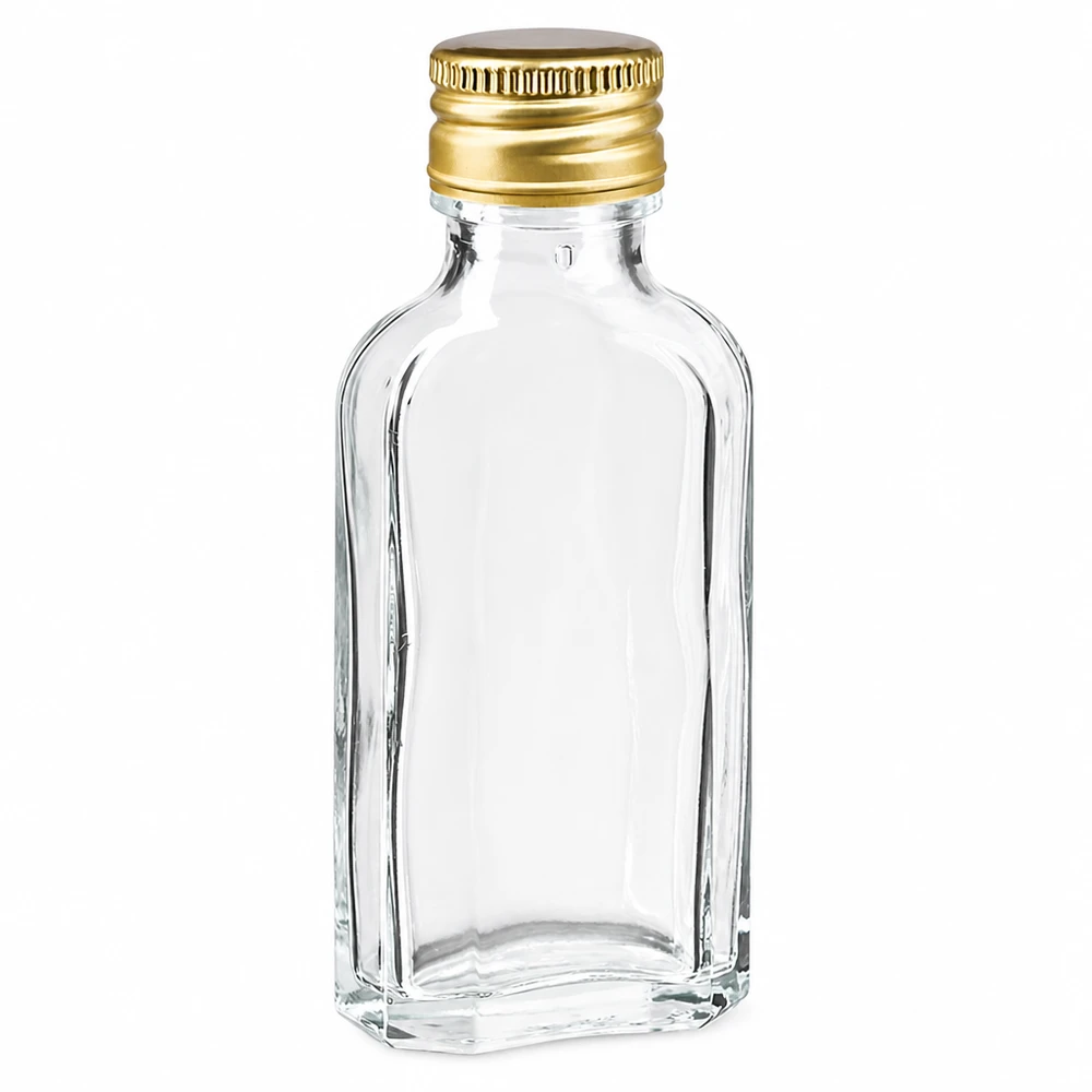 Frasco Meplat de 50 ml, transparente, com tampa de alumínio dourada PP22, para bebidas espirituosas e licores
