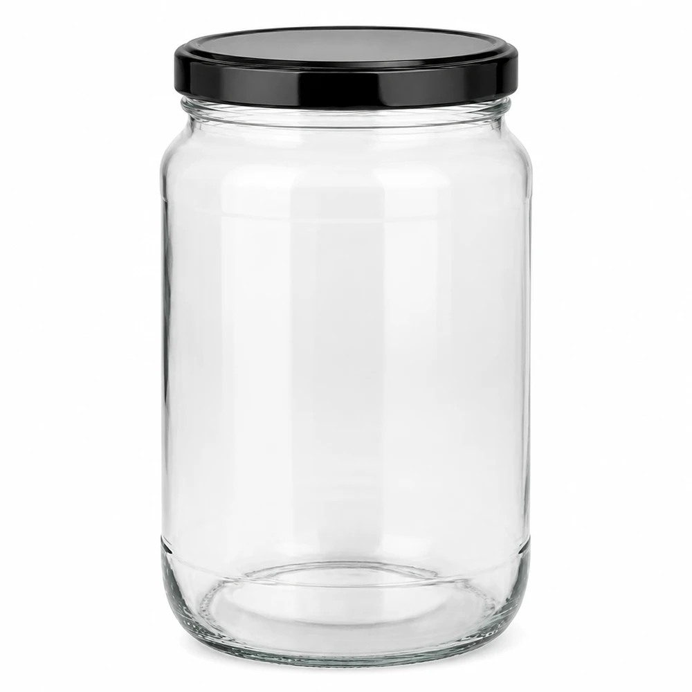 Frasco redondo de 1700 ml com tampa BasicSeal preta Frasco de vidro certificado pela ONU Frasco para conservas Frasco para armazenagem
