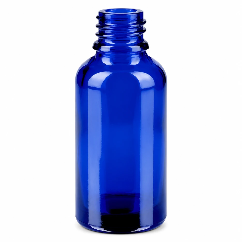 Frasco de vidro azul de 30 ml com rosca de 11 mm para dosagem precisa de líquidos