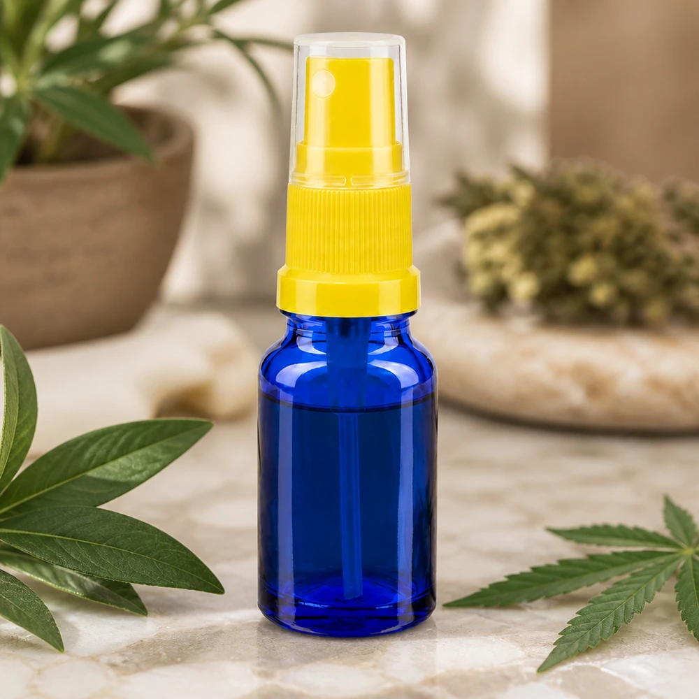 Frasco de vidro azul de alta qualidade de 10 ml com cabeça de pulverização amarela para cosméticos e produtos naturais BlueLine UT18 10