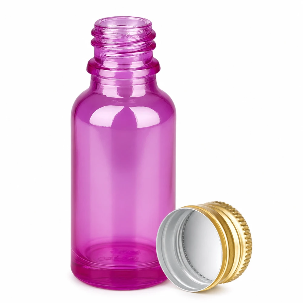 Frasco de vidro roxo de 20 ml com tampa de rosca em alumínio dourado para óleos essenciais