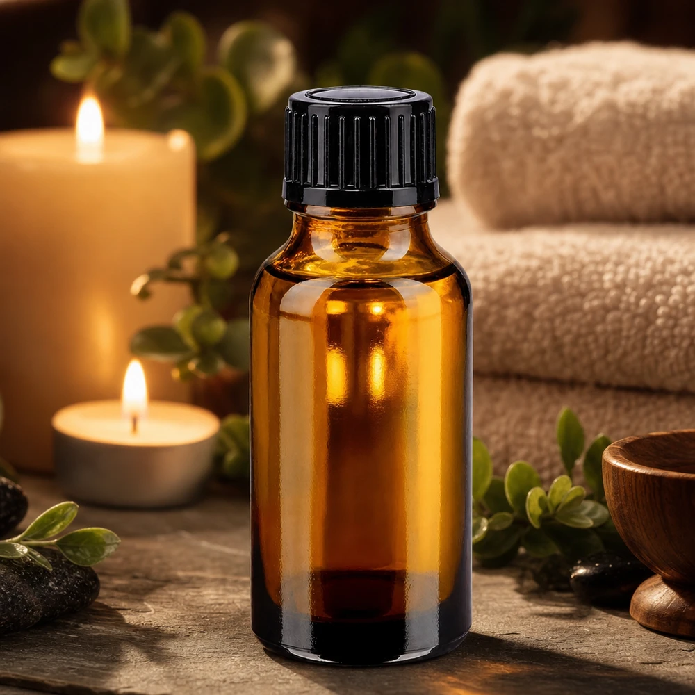 Frasco de farmácia castanho de 20 ml com tampa conta-gotas preta de 11 mm, num ambiente de spa com velas