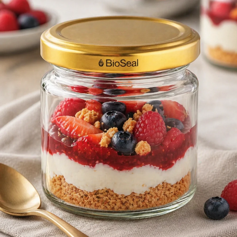 Frasco redondo de 53 ml com tampa dourada UNiTWIST BioSeal UNiTWIST Runda53 com tampa dourada TO43 BioSeal como frasco de sobremesa para sobremesa em camadas de iogurte de frutos silvestres com base de biscoito
