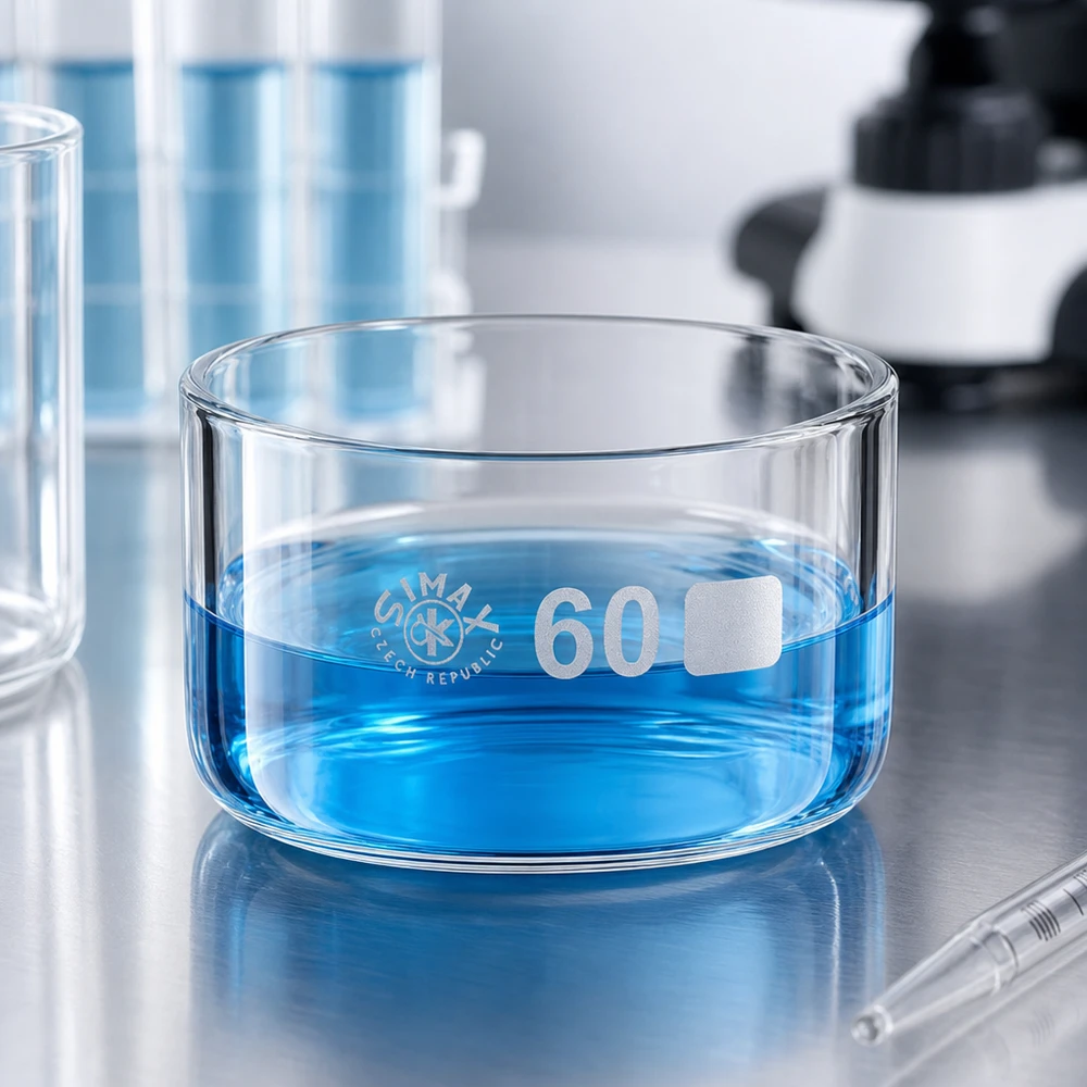 Cápsula de cristalização de 60ml sem bico em borosilicato ø60mm Bacete de cristalização de 60 ml em vidro borossilicato com uma solução azul sobre uma superfície de aço inoxidável num laboratório