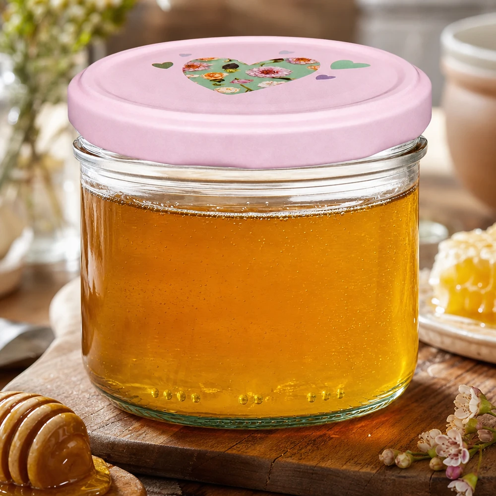 Jarro de 230 ml + tampa BasicSeal coração rosa Frasco cilíndrico de 230 ml com tampa em forma de coração cor-de-rosa cheio de mel amarelo dourado, frasco de mel sobre tábua de madeira com colher de mel
