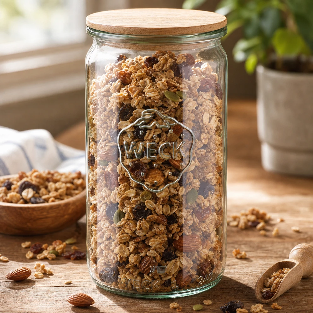Frasco cilíndrico WECK 340ml RR60 cheio de muesli e nozes como frasco de arrumação com tampa de madeira no balcão da cozinha