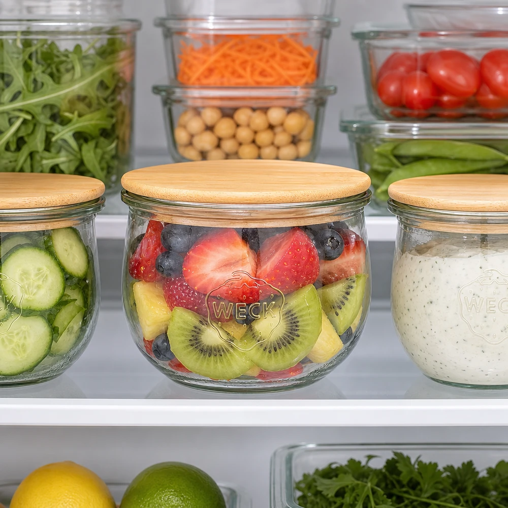 Frasco tulipa de 580ml WECK RR100 com tampa de madeira WECK Tulpenglas 580ml RR100 mit Holzdeckel im Kühlschrank - perfekt für frische Früchte und gesunde Meal-Prep