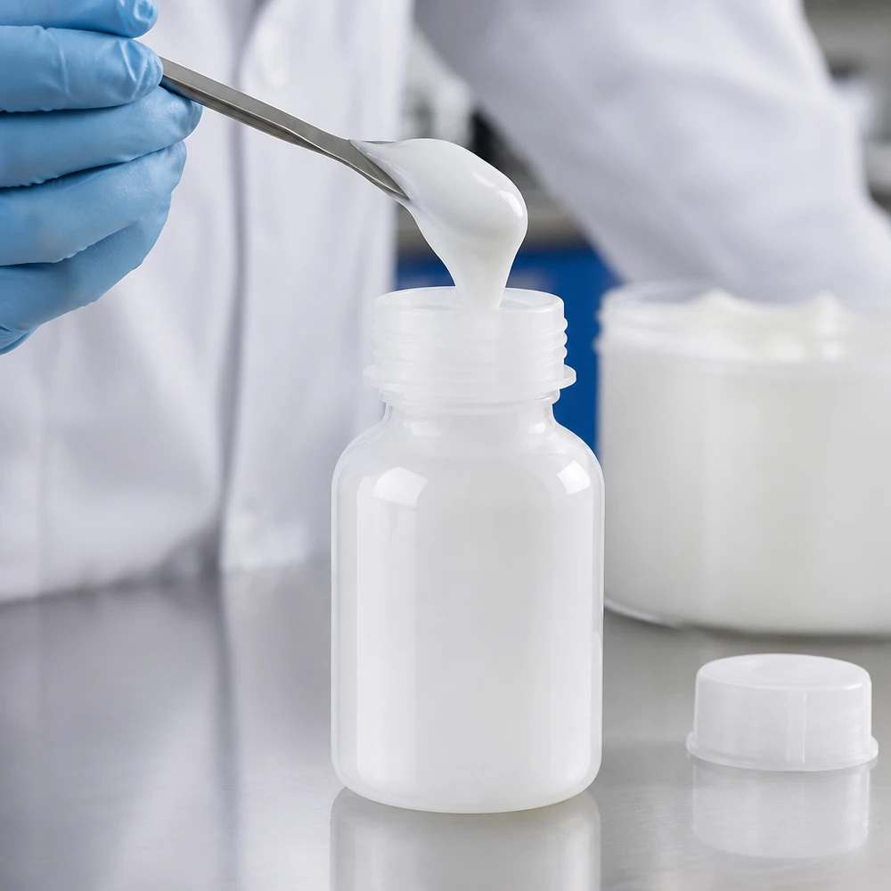 Um técnico de laboratório enche, com uma espátula, um frasco de laboratório de plástico de gargalo largo com 100 ml com um creme branco