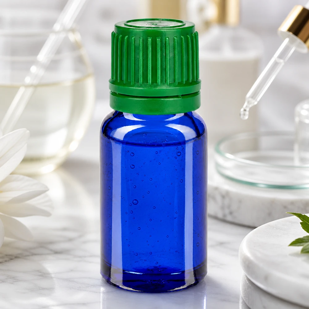 Frasco de vidro com proteção UV de 10 ml em azul-cobalto com tampa verde estriada para substâncias sensíveis à luz