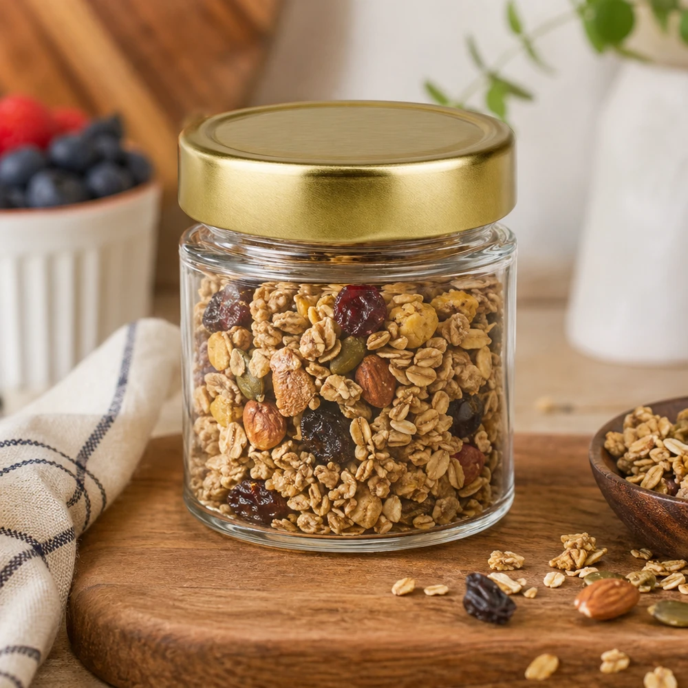 Frasco redondo de 154 ml BasicSeal dourado com mistura de frutos secos nozes amêndoas sultanas muesli granola mesa de madeira cozinha