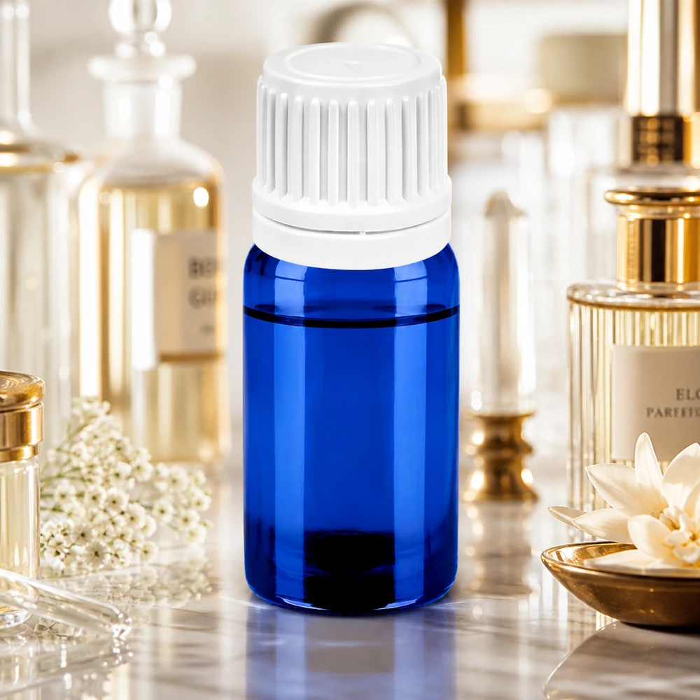 Frasco de vidro de 5 ml de alta qualidade em azul com tampa de rosca branca para cosméticos e produtos farmacêuticos