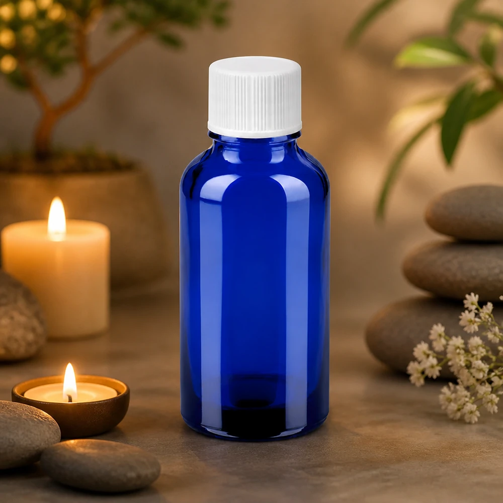 Frasco de vidro de 30 ml de alta qualidade com proteção UV graças à coloração azul para substâncias sensíveis à luz