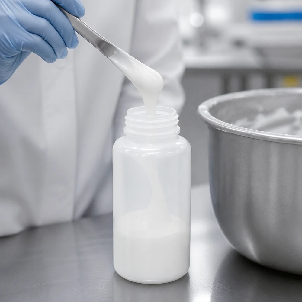 Frasco de laboratório de 1000 ml, de gargalo largo e cor branca leitosa, a ser enchido com uma substância cremosa através de uma luva de laboratório