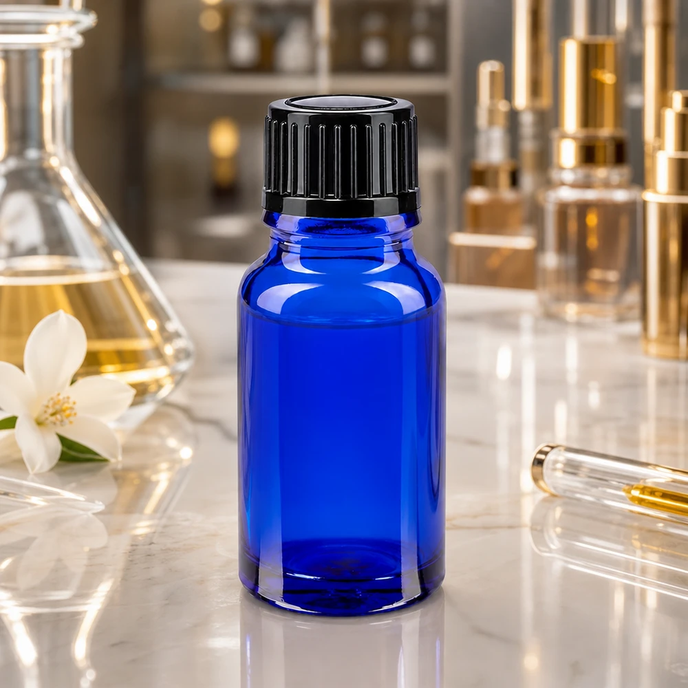 Frasco de farmácia profissional de 10 ml, azul, com tampa padrão preta de 11 mm, em vidro borossilicato