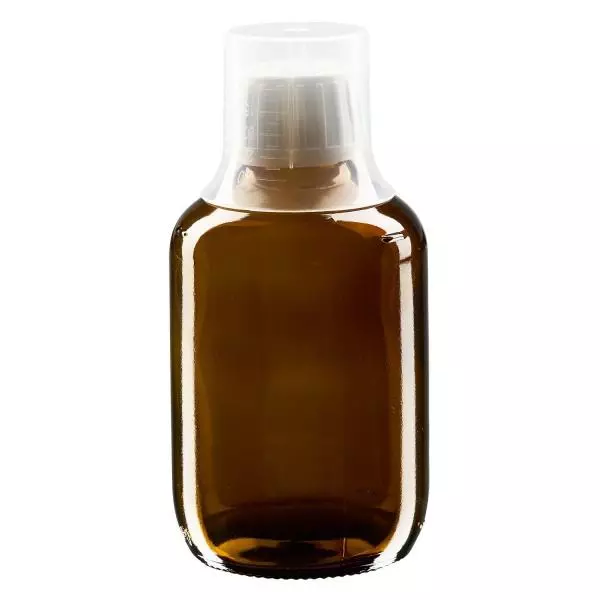 Frasco para medicamentos de 200 ml castanho, tampa inviolável com copo doseador de 30 ml ApoGlas Frasco para medicamentos de 200 ml castanho, tampa inviolável com copo doseador de 30 ml ApoGlas