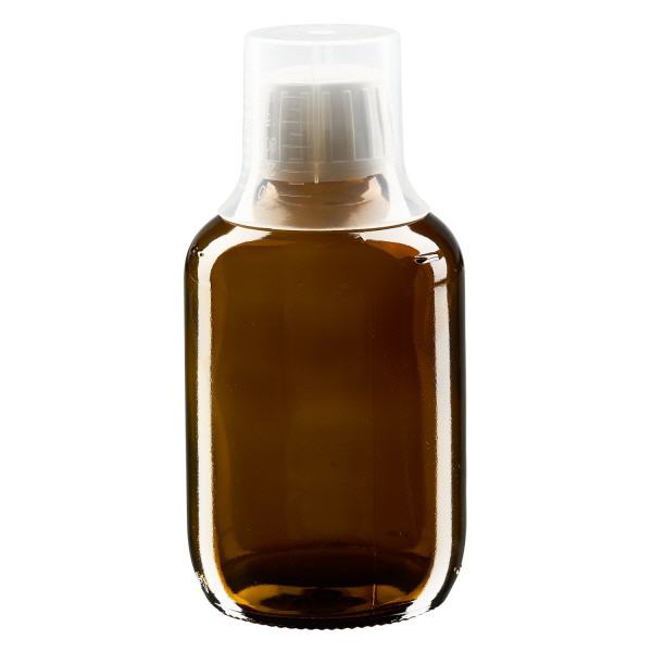 Frasco para medicamentos de 200 ml castanho, tampa inviolável com copo doseador de 30 ml ApoGlas Frasco para medicamentos de 200 ml castanho, tampa inviolável com copo doseador de 30 ml ApoGlas
