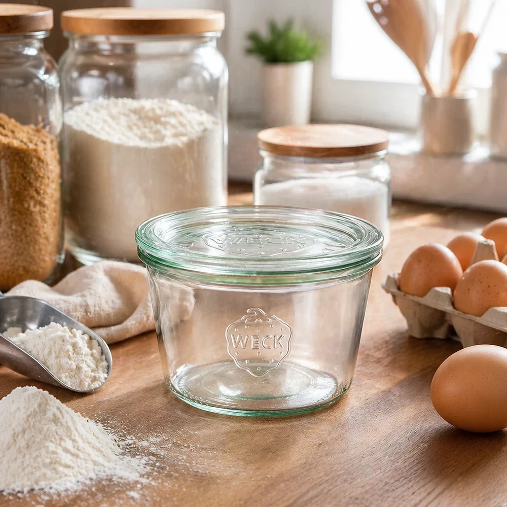 Copos WECK 370ml RR100 em ambiente de cozinha com farinha, ovos e ingredientes para cozinhar e fazer bolos