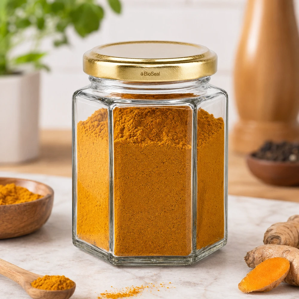 Frasco hexa de 196 ml com tampa dourada UNiTWIST BioSeal Frasco Hexa196 com tampa dourada TO58 BioSeal cheio de curcuma em pó numa cena de cozinha com gengibre