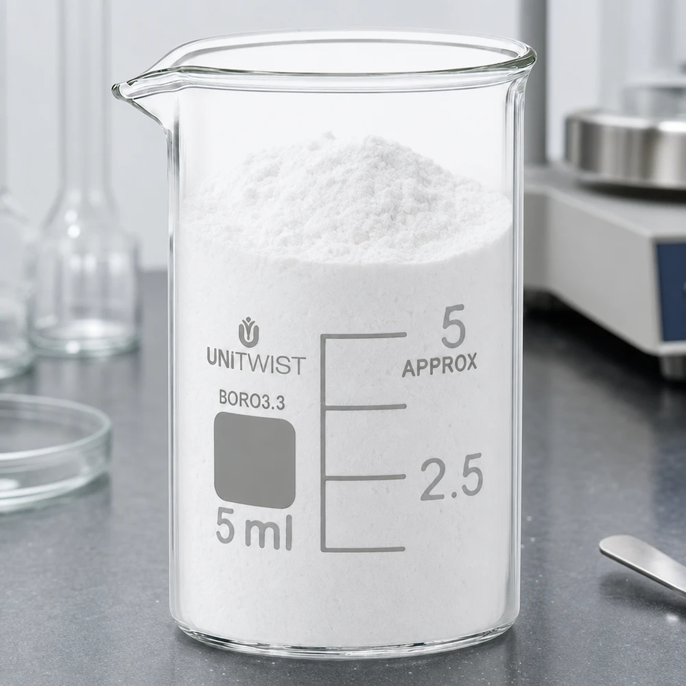 Pó branco num copo de borossilicato UNiTWIST de 5 ml, de formato baixo, sobre uma superfície de laboratório cinzenta