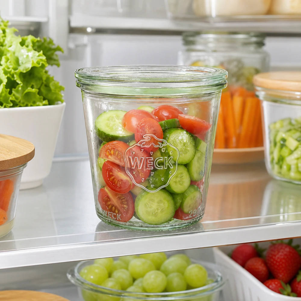 290ml Sturzglas hoch mit Glasdeckel WECK RR80 Copos WECK de 290 ml RR80 no frigorífico com salada fresca de pepino e tomate como solução prática de preparação de refeições