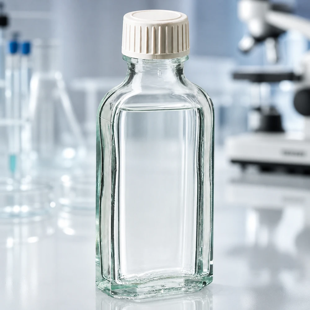 Tampa de rosca transparente Meplat de 50 ml com espuma PE embutida Garrafa de vidro Meplat plana de 50 ml com tampa de rosca branca estriada sobre uma superfície de laboratório branca