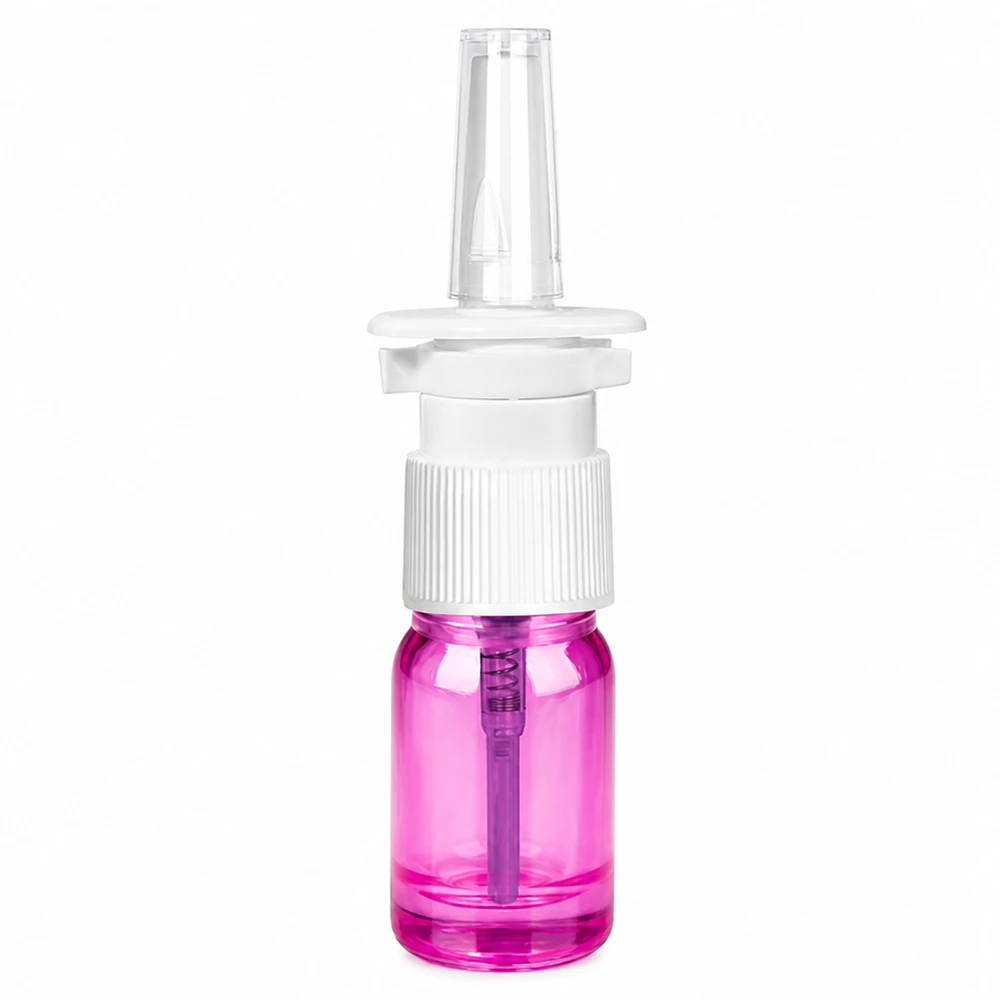 Frasco de spray nasal de 5 ml em plástico transparente com corpo do frasco roxo e cabeça de spray branca