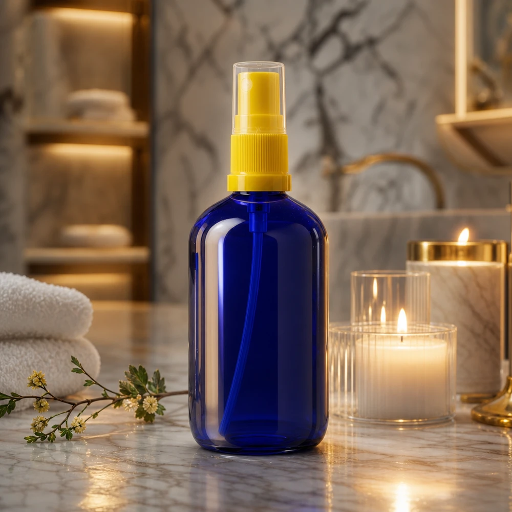 Frasco de vidro STD azul de 100 ml com pulverizador amarelo ao lado de velas numa casa de banho elegante