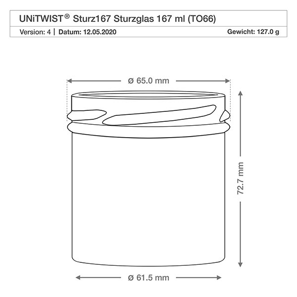 Copos de vidro de 167ml sem tampa (TO66) UNiTWIST UNiTWIST Sturz167 Sturzglas 167ml TO66 desenho técnico com dimensões diâmetro 65mm altura 72,7mm peso 127g